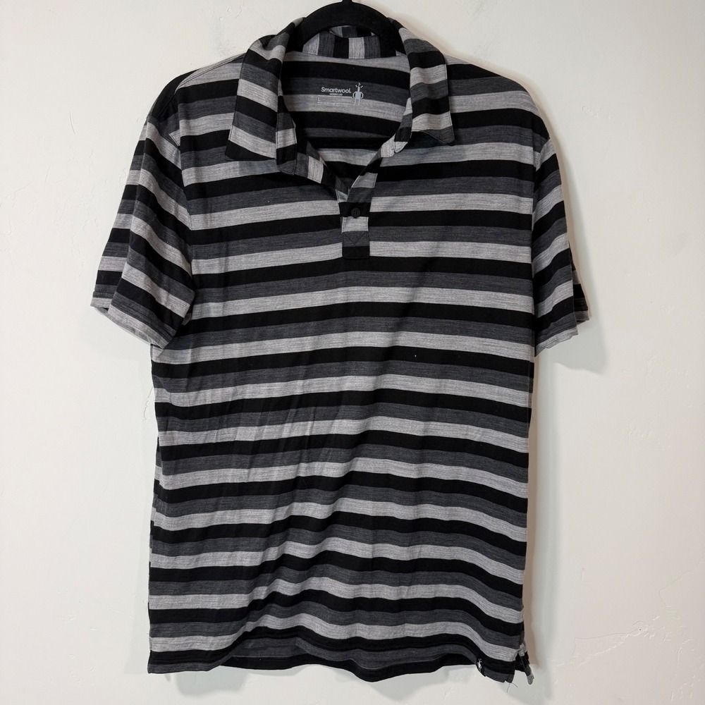 Smartwool Mens Polo Shirt L Black Grey Excellent Merino 150 Striped Short Sleeve
